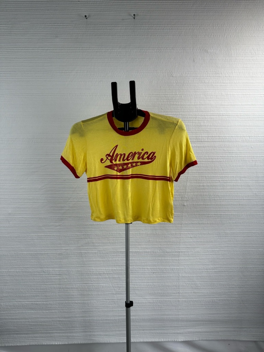 Rock Rose Couture America Bright Yellow Graphic Ringer Crop Top Y2K Retro Casual
